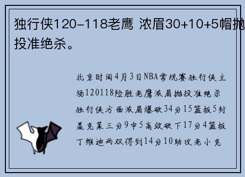 独行侠120-118老鹰 浓眉30+10+5帽抛投准绝杀。