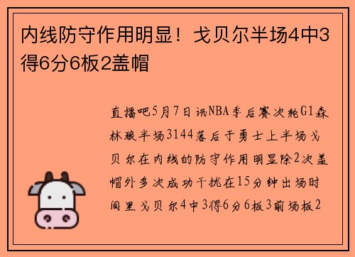 内线防守作用明显！戈贝尔半场4中3得6分6板2盖帽