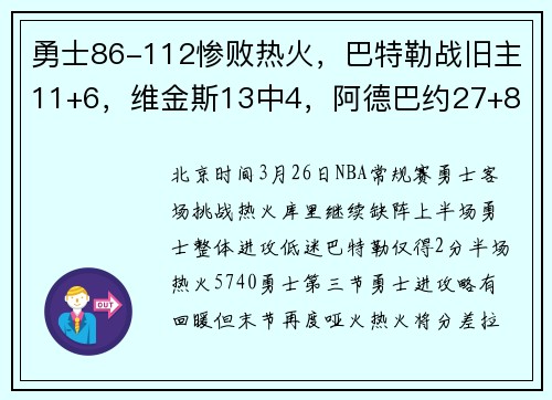 勇士86-112惨败热火,巴特勒战旧主11+6,维金斯13中4,阿德巴约27+8